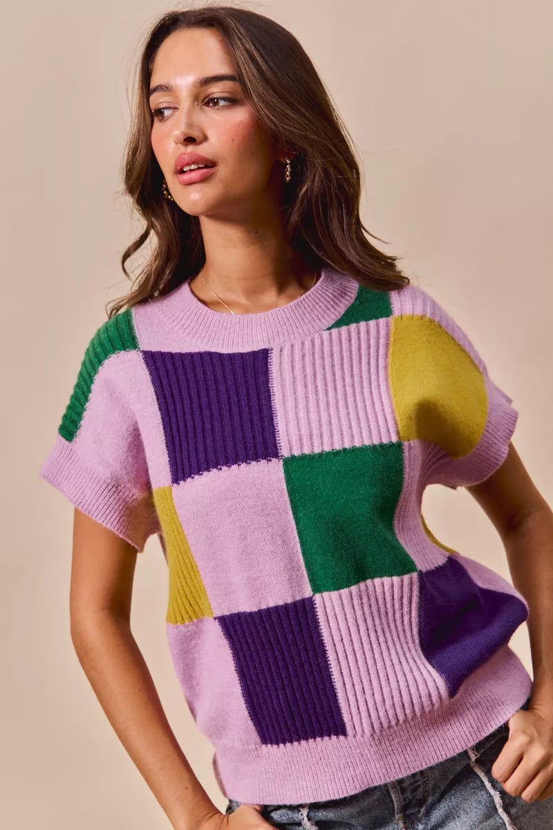 SO ME Mardi Gras Check Plaid Casual Knit Sweater Top