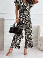 Leopard Print Short Sleeve Wide Leg Jumpsuit