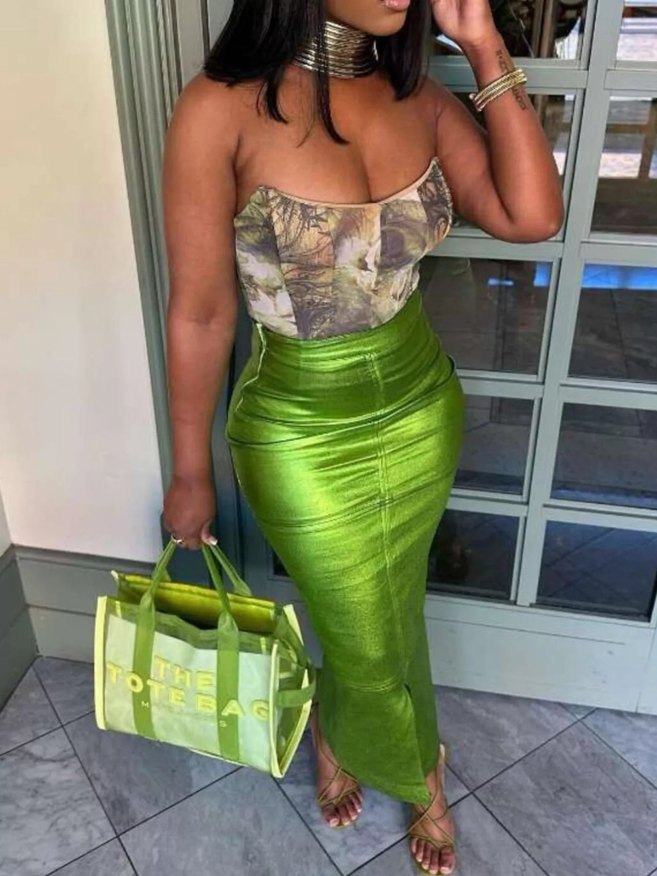 Shimmer Side-Slit Bodycon Maxi Skirt