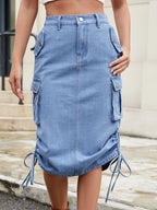 Drawstring Denim Skirt with Cargo Pockets - Casual & Stylish