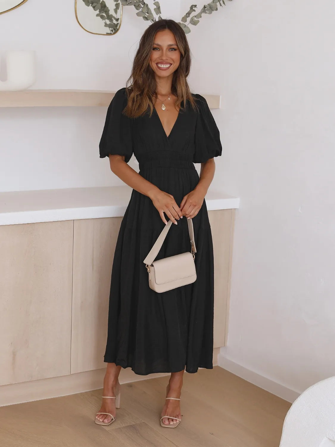 Tiered Surplice Midi Dress with Half Sleeves Black