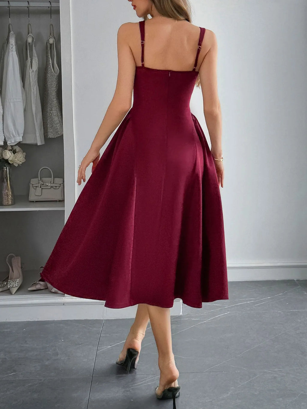 Square Neck Wide Strap Midi Dress