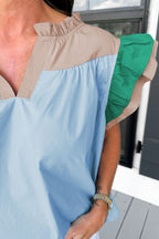 Color Block Ruffled Cap Sleeve Blouse - Chic & Stylish