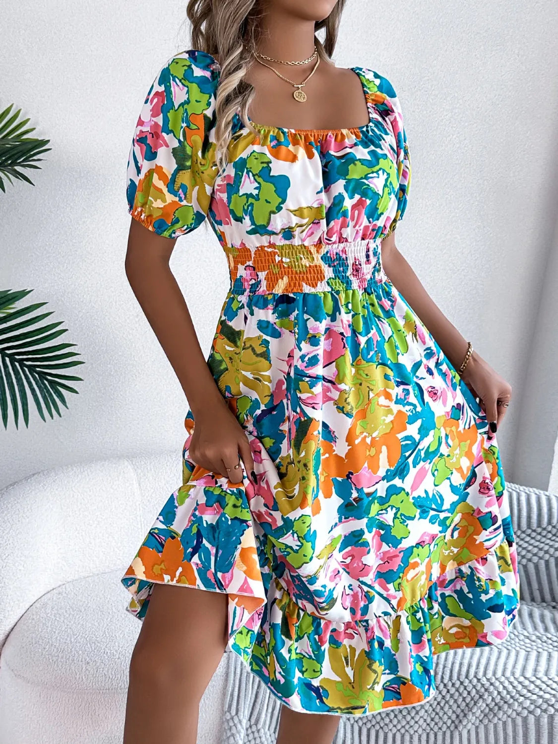 Smocked Ruffle Hem Floral Midi Dress