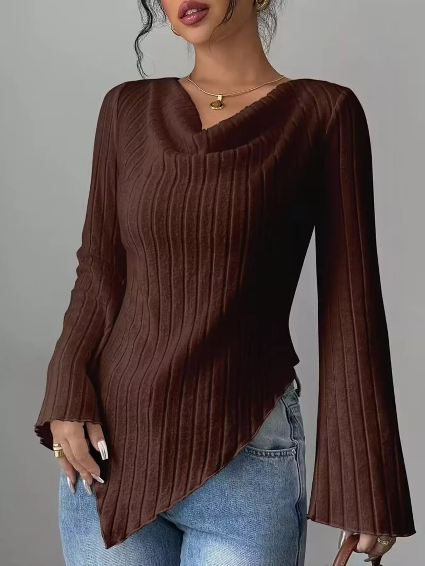 Asymmetrical Cowl-Neck Ribbed Knit Top Brown
