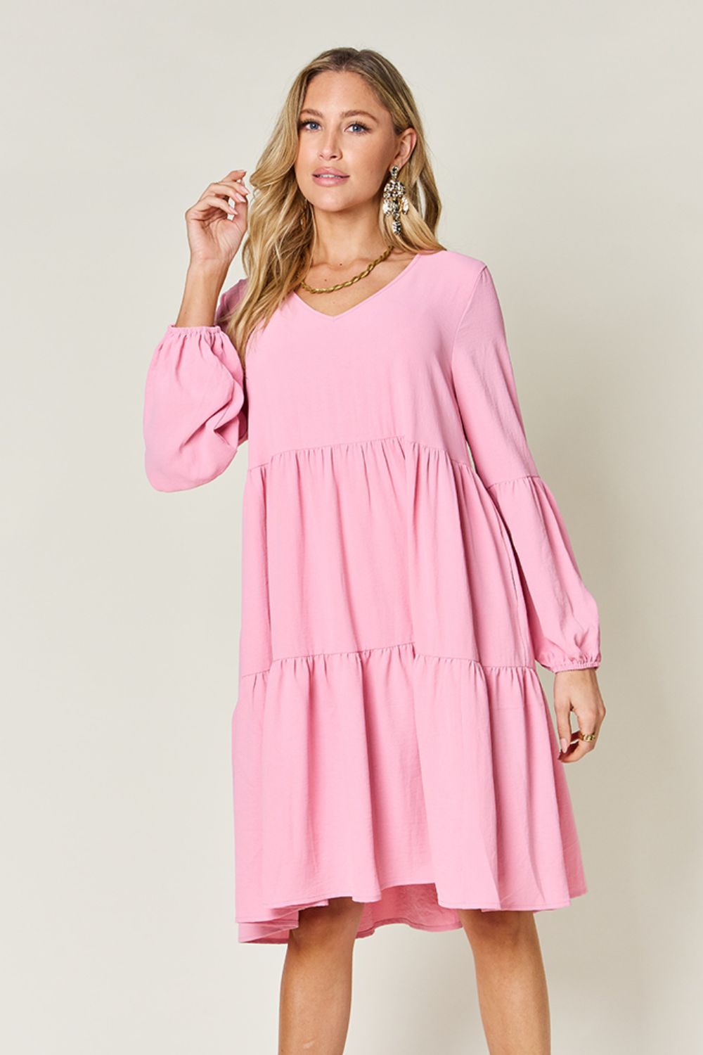 Full Size V-Neck Tiered Balloon Sleeve Dress with Pockets Pink