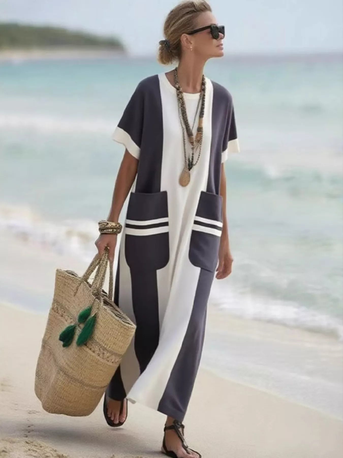 Plus Size Color Block Maxi Dress with Pockets – Oversized Short Sleeve Casual Outfit
