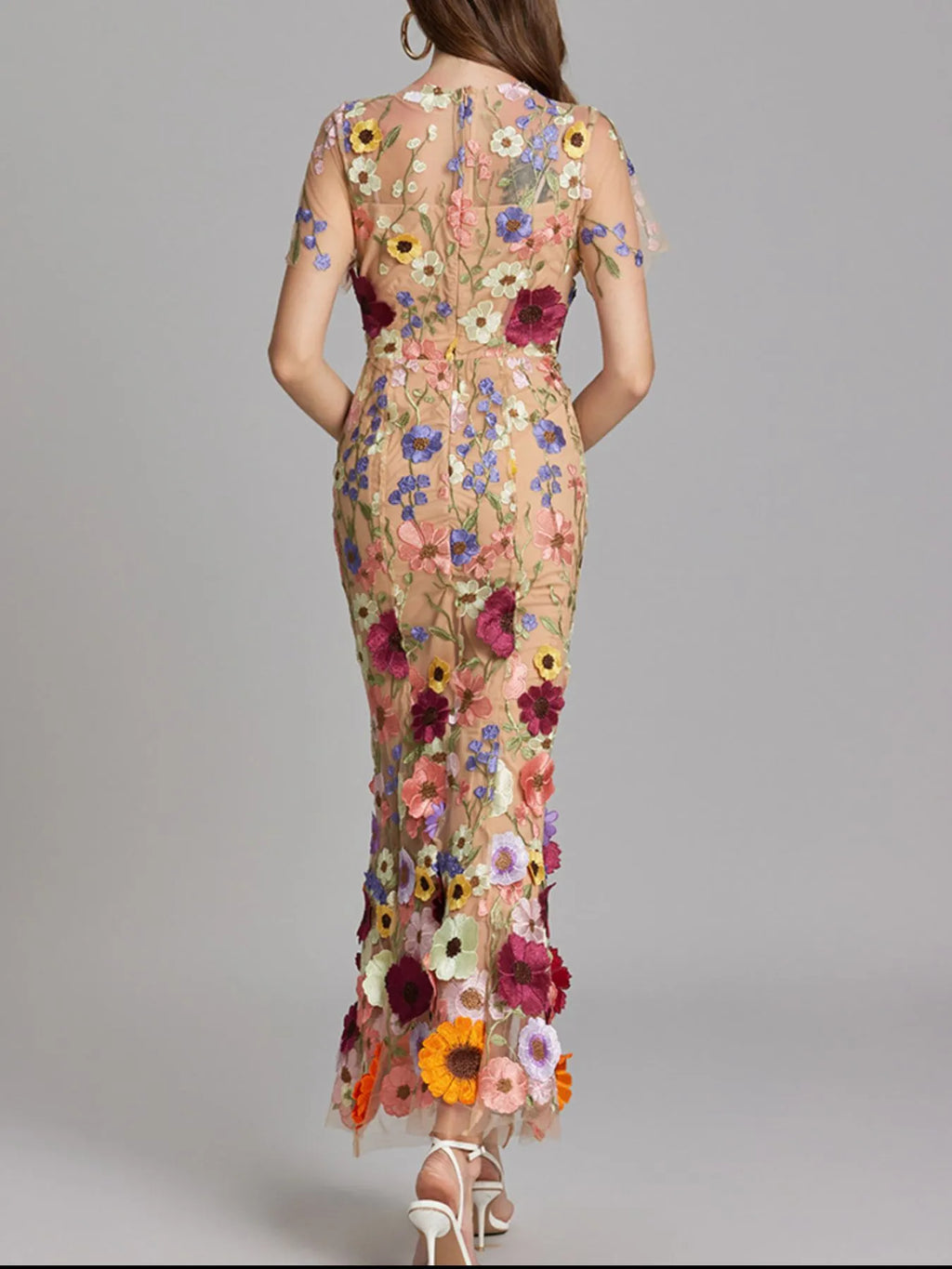 Embroidered Mesh Overlay Maxi Dress – Lined Evening Wear with Zipper Closure