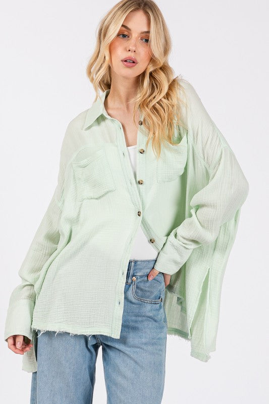 SAGE + FIG Frayed Hem Button-Down Shirt with Side Slits