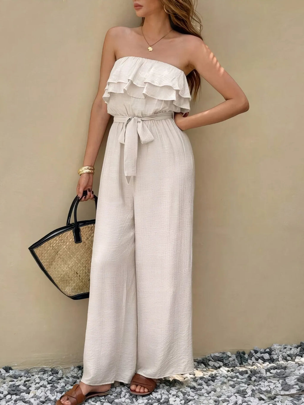Off-Shoulder Ruffled Layered Belted Wide Leg Jumpsuit