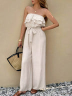 Off-Shoulder Ruffled Layered Belted Wide Leg Jumpsuit