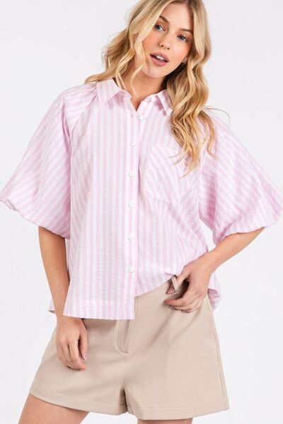 Mittoshop Button-Down Striped Puff Sleeve Shirt