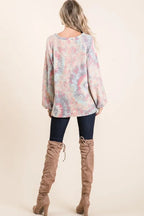 BiBi Brushed Tie Dye Print Top with Puff Sleeves