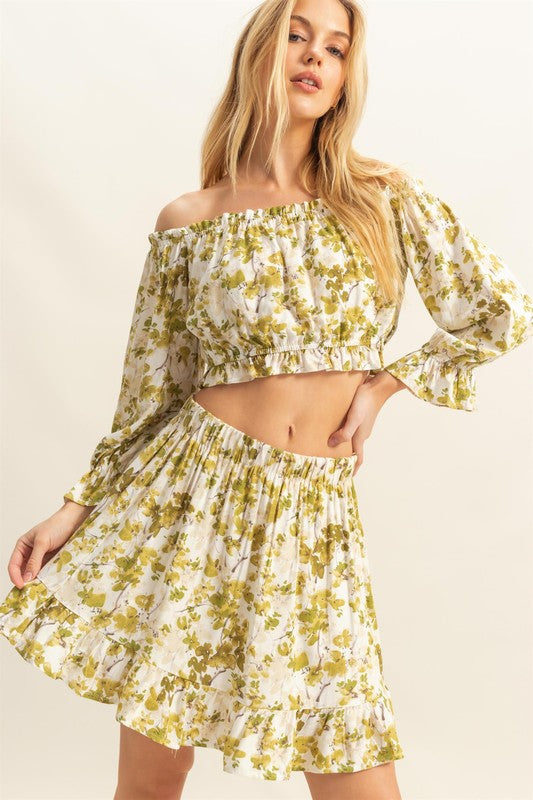 Floral Off-Shoulder Top & Skirt Set - Chic & Trendy Yellow-Green