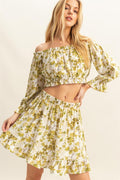 Floral Off-Shoulder Top & Skirt Set - Chic & Trendy Yellow-Green