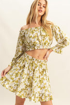 Floral Off-Shoulder Top & Skirt Set - Chic & Trendy Yellow-Green