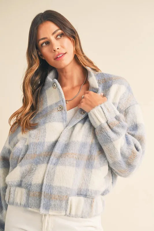 MABLE Plaid Print Fuzzy Bomber Jacket