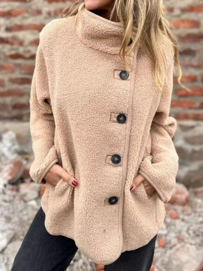 Button-Up Long Sleeve Fleece Jacket for Women – Plus Size Khaki