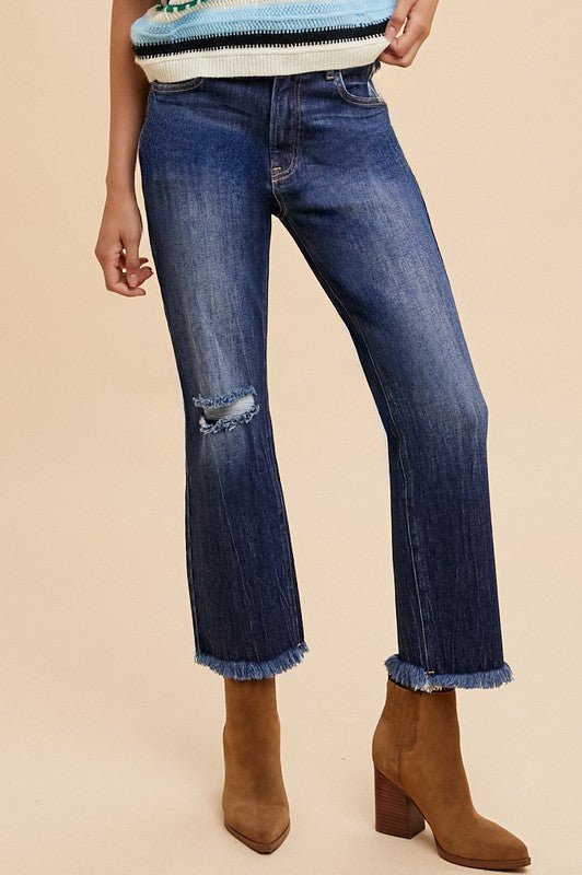 Annie Wear Distressed Raw Hem Straight-Leg Cropped Jeans Dark