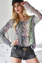 BiBi Snakeskin Print V-Neck Hacci Top