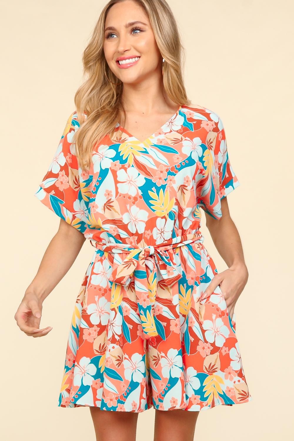 Haptics Tropical Floral Tie-Front Short Sleeve Romper