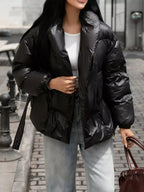 Long Sleeve Belted Puffer Jacket with Pockets