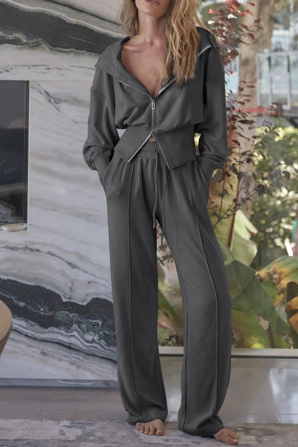 Two-Piece Zip-Up Hoodie and Jogger Pants Activewear Set Dark Gray