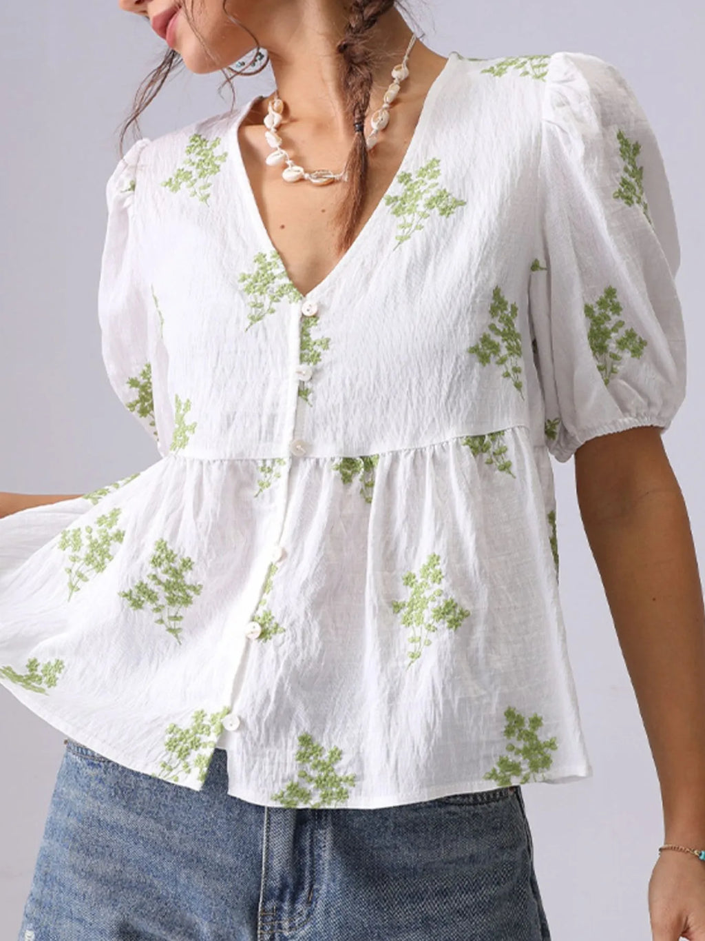 Embroidered V-Neck Puff Sleeve Peplum Blouse
