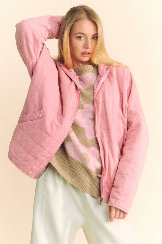 Davi & Dani Quilted Zip-Up Dropped Shoulder Jacket Dusty Rose