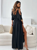 Tied Shoulder Slit Maxi Dress – Flowy & Feminine