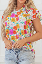 Floral Print Shirred Tiered Ruffled Sleeve Blouse