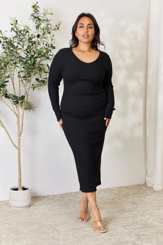 Culture Code Ribbed Slit Midi Dress â€“ Full Size Black