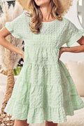 Textured Short Sleeve Tiered Mini Dress - Chic & Flowy Light Green