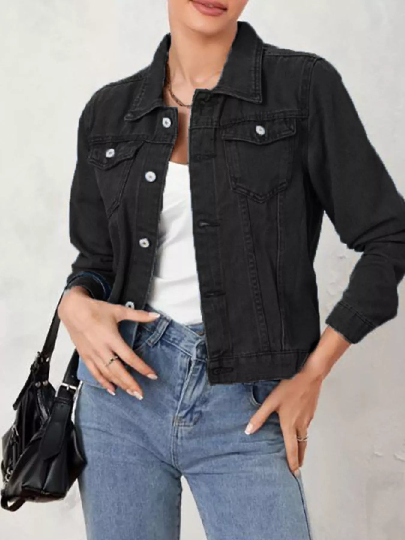 Button-Up Long Sleeve Denim Jacket with Pockets Black