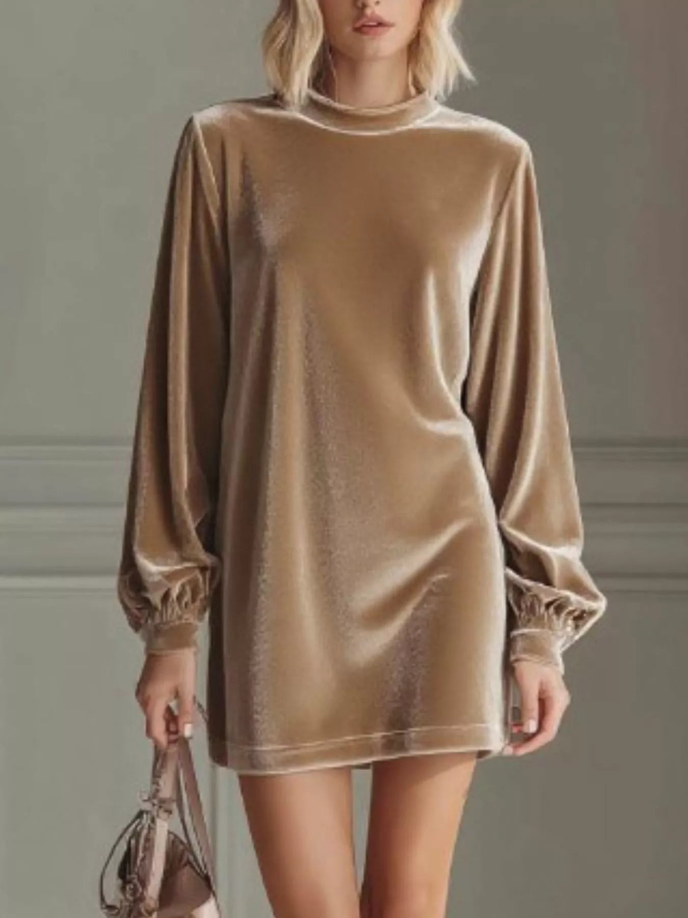 Full-Size Velvet Long Sleeve Mini Dress (Plus Size) Khaki