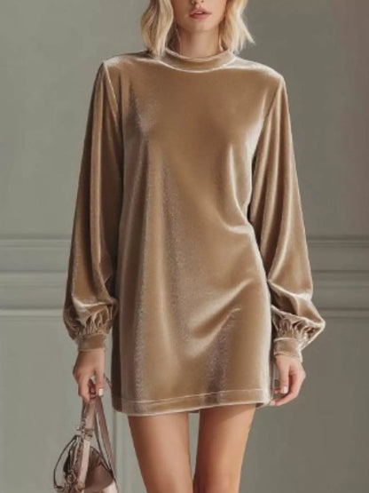 Full-Size Velvet Long Sleeve Mini Dress (Plus Size) Khaki