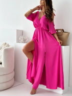 Tied Shoulder Slit Maxi Dress – Flowy & Feminine Hot Pink