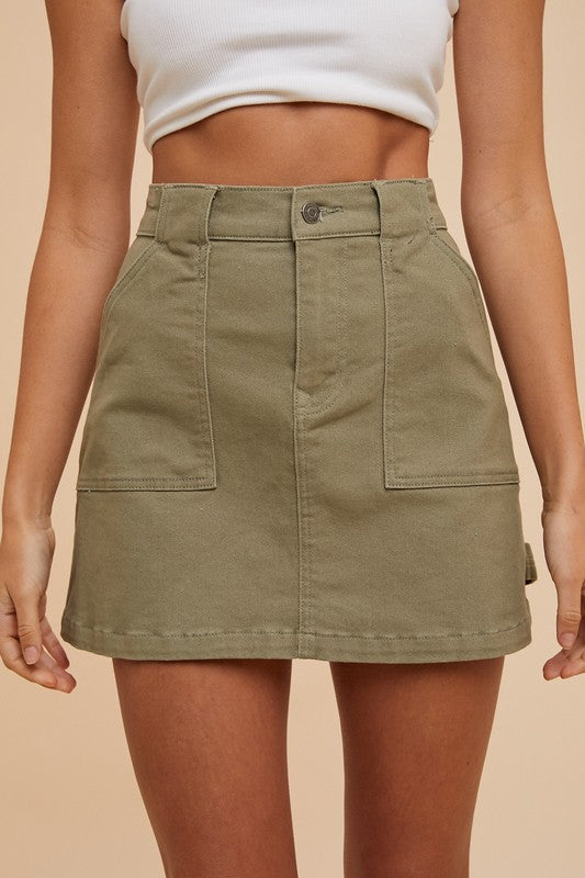 Annie Wear Cargo Denim Mini Skirt Olive