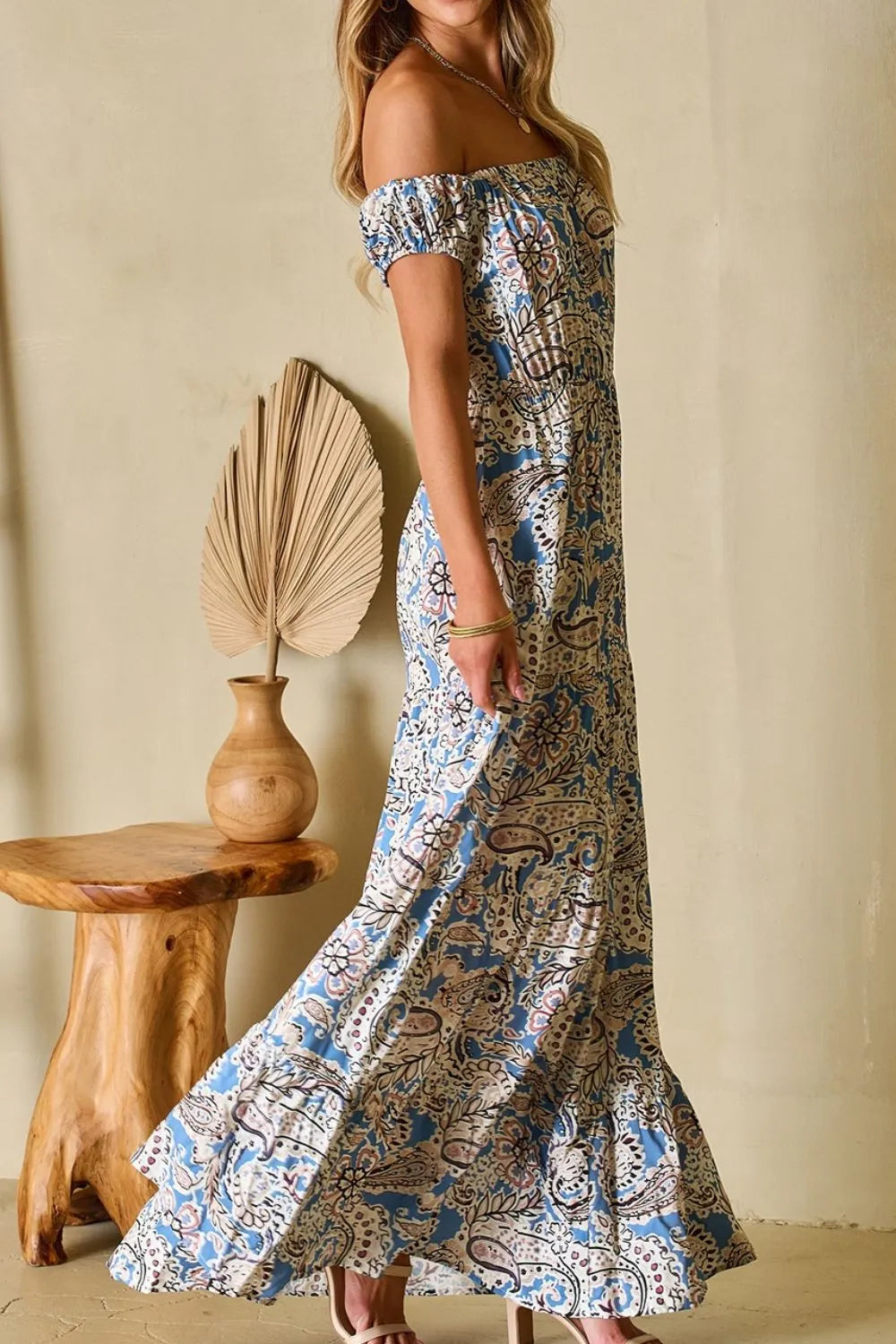 Boho Off-Shoulder Paisley Print Maxi Dress