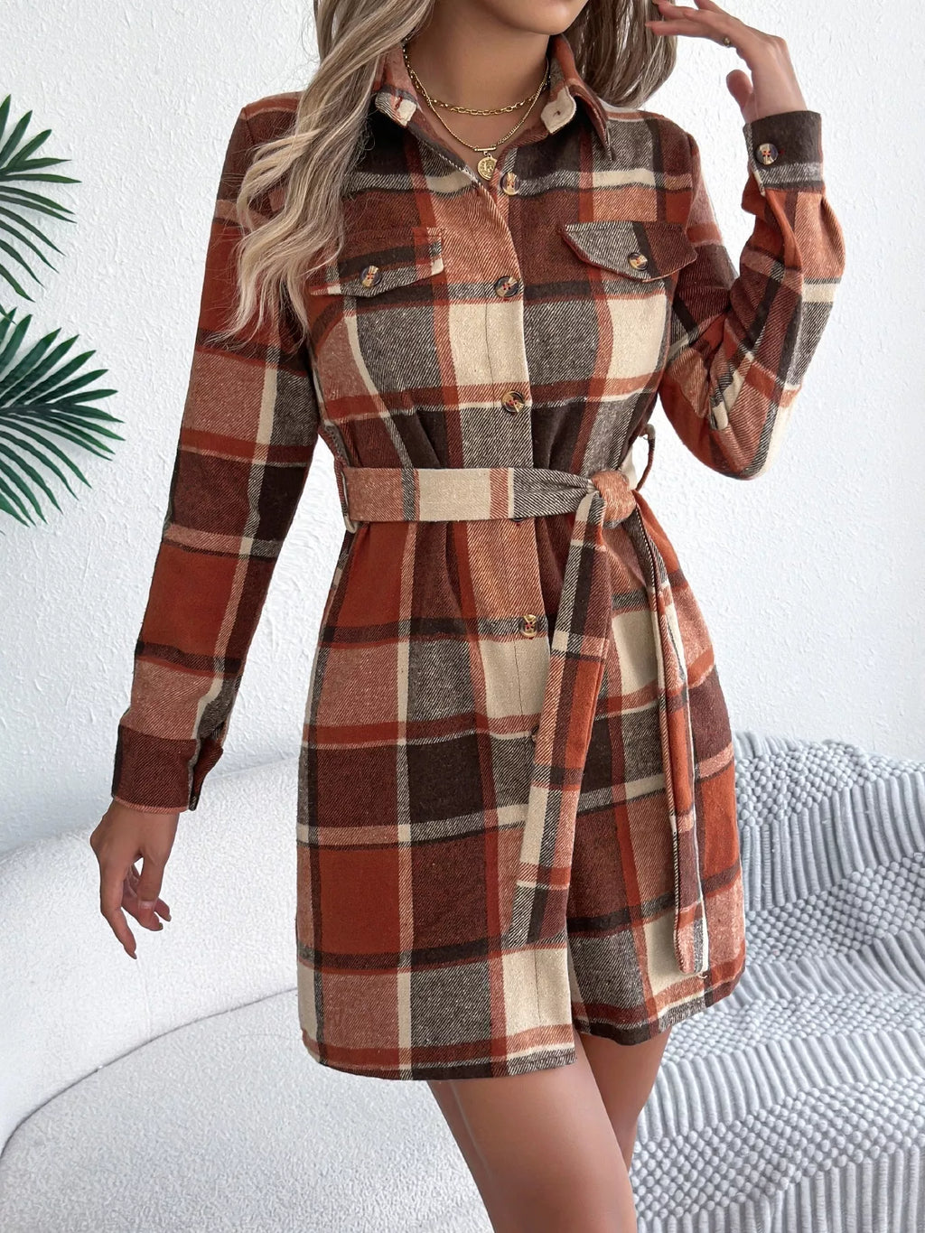 Plaid Button-Front Tie Waist Shirt Dress
