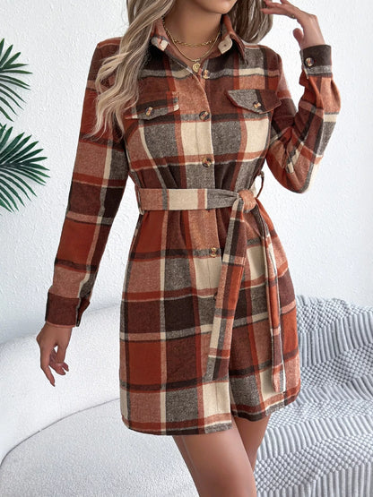 Plaid Button-Front Tie Waist Shirt Dress