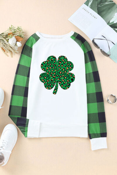 Comfortable Lucky Clover Round Neck Long Sleeve Tee