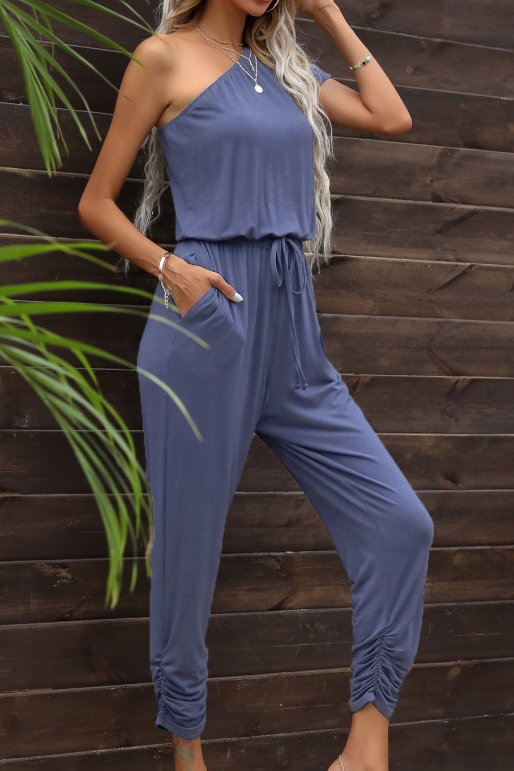 One-Shoulder Drawstring Waist Jumpsuit with Pockets