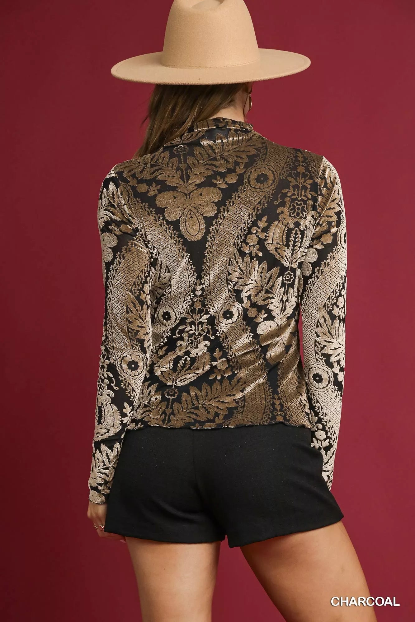 Umgee Velvet Burnout Damask Print Oversized Top