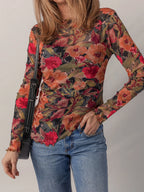 Floral Print Mesh Top with Lettuce Trim