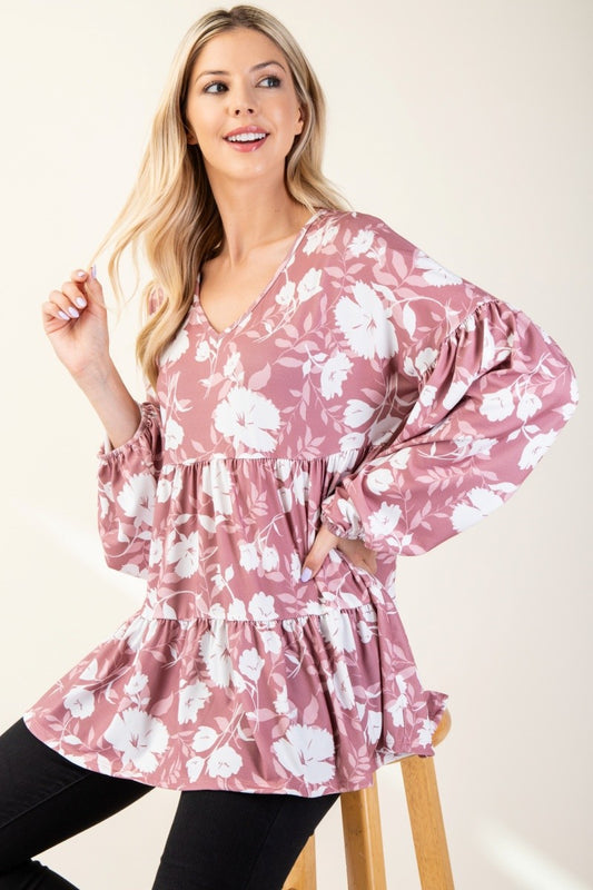 Celeste Full Size Tiered Floral V-Neck Long Sleeve Blouse Mauve