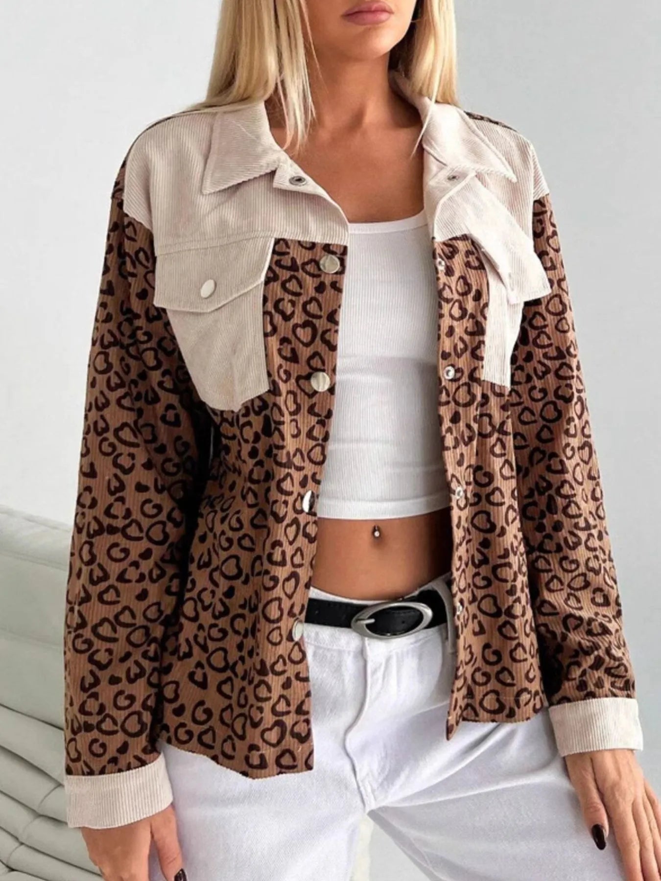 Leopard Print Long Sleeve Utility Jacket with Chest Pockets Leopard