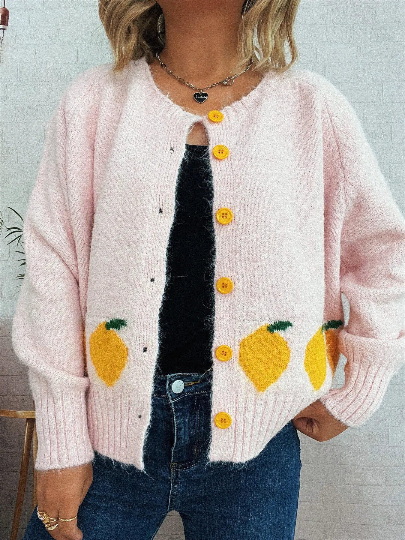 Chic Lemon Pattern Button-Up Cardigan – Playful Knitwear for Everyday Style Pink One size