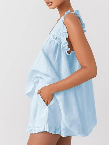 Ruffled V-Neck Top & High-Waist Shorts Co-Ord Set