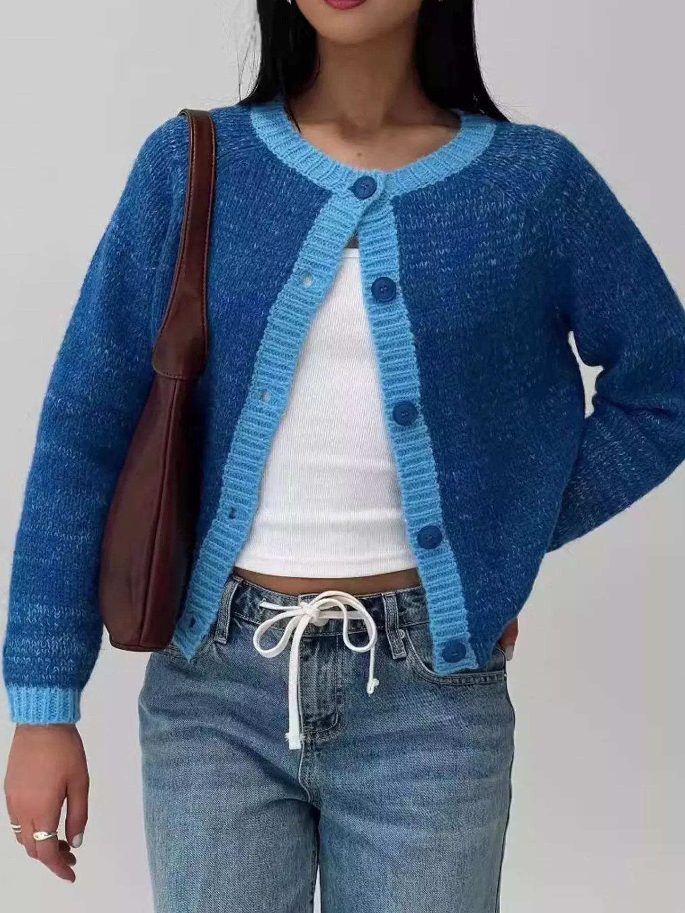 Contrast Trim Knit Button-Up Cardigan